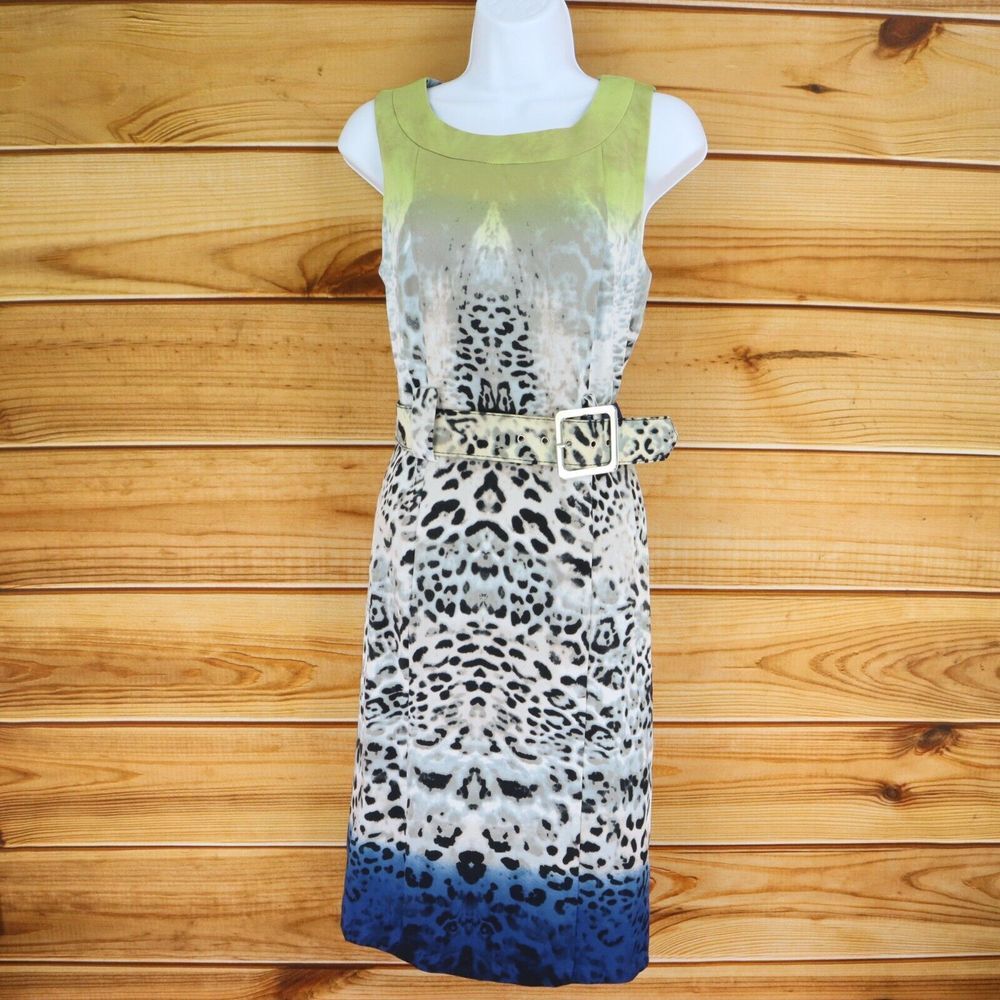 ILE New York Pencil Dress Belted Womens Sz 8 Multicolor Animal Print Zip Closure